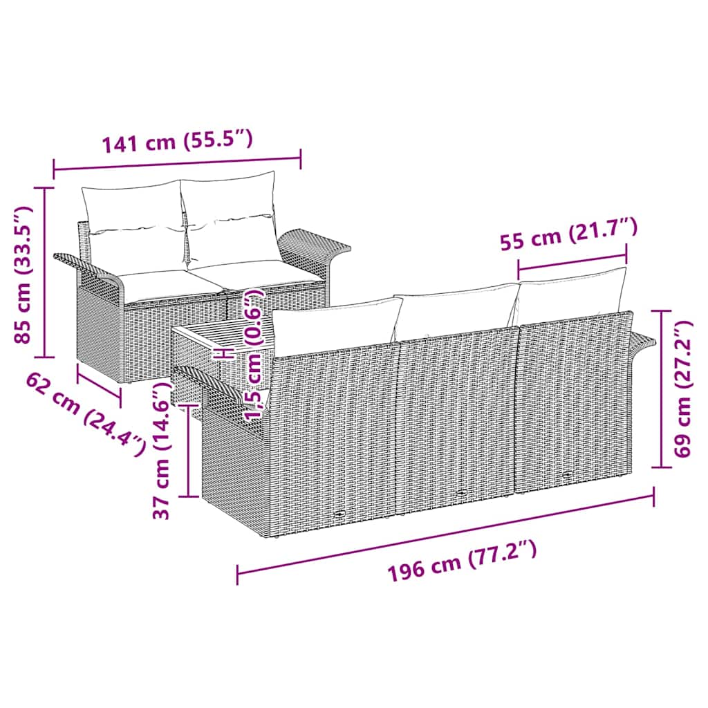 Garten-Sofa-Set 6 pcs Schwarz und Creme 55 x 55 x 37 cm